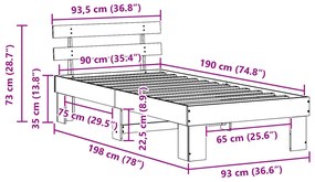 Ágykeret Fejtámlával 90x190 cm Tömör fa fenyő