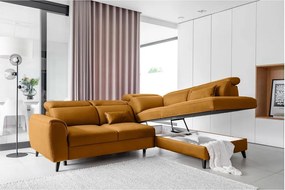 Sárga bársony kinyitható-tárolóhelyes sarokkanapé (jobb oldali-L alakú) Noble – ELTAP