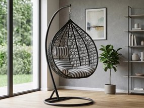 Fekete függő fotel KOKON állvánnyal, fehér-szürke párna