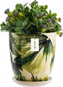 Kerámia kaspó kerek Ø12 cm H 13 cm Krém Zöld levelek