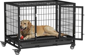 PawHut Fém Kutyaketrec Kerekekkel és Fékkel, Mosható Tálcával és Zárható Ajtóval Golden Retriever és Labrador számára, 92x62x75 cm, Fekete | Aosom
