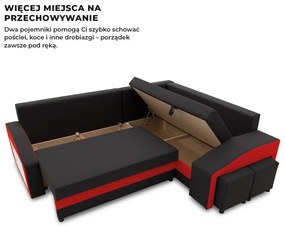 Grande sarokkanapé polcokkal és puffokkal , polc a bal karfaban puffok a jobb karfaban, jobboldali, szövet anyag, bonell töltet, fekete - piros