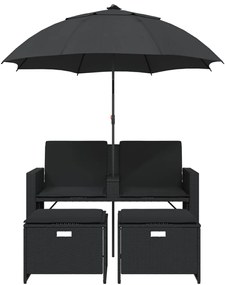 2 személyes fekete polyrattan kerti kanapé napernyővel/székkel