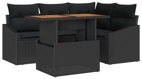 5 részes kerti étkező szett párnákkal, fekete poli rattan, akác