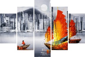 Festmény - Victoria Harbour, Hong Kong, fekete-fehér olajfestmény (150x105 cm)