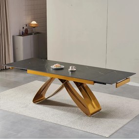 Fekete Márványhatású Bővíthető Kerámia Asztal Arany Lábbal. LUIGI 160-240 cm