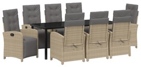 9 Darabos Kerti Étkező Garnitúra párnákkal Bézs Poli Rattan, Kerti Asztal Fekete 200x80x73 cm Edzett Üveg