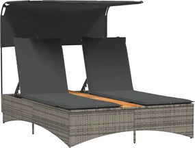 vidaXL szürke polyrattan dupla napozóágy tetővel és párnával