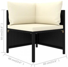 3 személyes fekete polyrattan kerti kanapé párnákkal