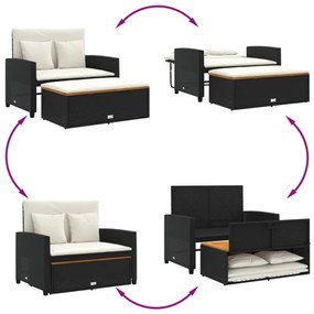 2 személyes fekete polyrattan/akácfa kerti kanapé párnával