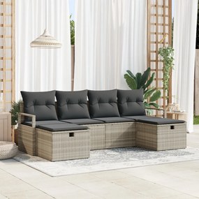 6 Részes Kerti Sofa Készlet Párnákkal Világosszürke Poli Rattan, 2-Személyes Kerti Sofa Tárolóval és Párnákkal Szürke Poli Rattan
