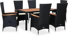 vidaXL 7 részes fekete kültéri polyrattan és akácfa étkezőszett