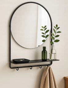 Fali Tükör Polccal És Akasztókkal Loft Akasztók 31,5X46,5 Acél Fekete