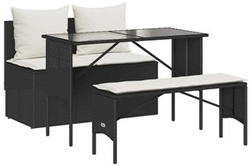 3 részes fekete polyrattan kerti étkezőgarnitúra párnákkal
