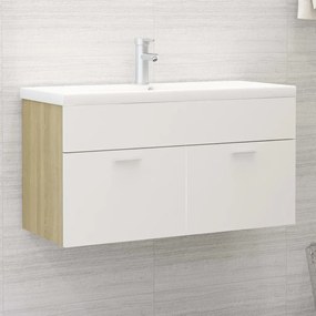 Fehér és sonoma tölgy szerelt fa mosdószekrény 90x38,5x46 cm