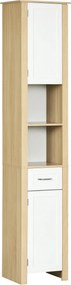 Kleankin Fürdőszobai Oszlop, Magas Chipboard Fürdőszobai Szekrény Fiókkal, 2 Szekrény és 2 Állítható Nyitott Polc, 37x30x184 cm, Fehér és Fa Szín | Ao