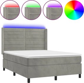 vidaXL világosszürke bársony rugós és LED-es ágy matraccal 140x190 cm