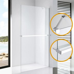 Stuxi Milano Easy Plus Walk-in zuhanyfal, 110x200 cm, 8 mm vastag vízlepergető üveggel, helytakarékos stabilizátorral, polccal, törölközőtartóval