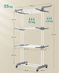 Összecsukható ruhaszárító kerekekkel, 4 szintes, fehér