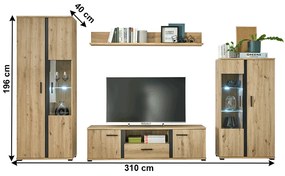 Nappali fal/szekrénysor, artisan tölgy/fekete, KANODE