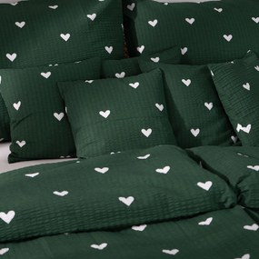Goldea karácsonyi krepp ágyneműhuzat - szívecskék, sötétzöld alapon 140 x 200 és 70 x 90 cm