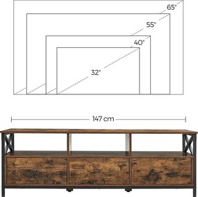 TV szekrény polcokkal és fiókokkal, rusztikus barna 147x40x50cm
