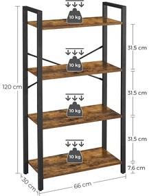 Rusztikus könyvespolc, tároló polc, 66x30x120 cm, barna/fekete