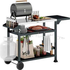 Outsunny Grill Plancha Kocsi Rozsdamentes Acél Tálcával, Többfunkciós, 6 Horoggal, Hajtható Polccal, 3 Réteggel, 2 Kerekével | Aosom