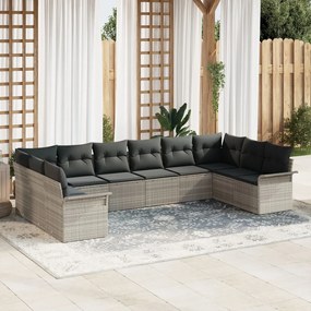 10 darabos kertibútor szett párnákkal, világosszürke poli rattan, 2 fős kertibútor tárolóval és párnákkal, világosszürke poli rattan