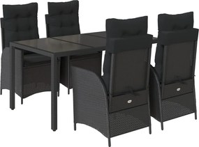 vidaXL 5 részes fekete polyrattan kerti étkezőgarnitúra párnákkal