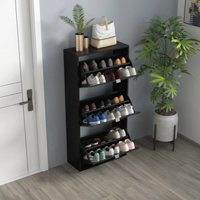 HOMCOM Cipőszekrény - Cipőtartó 3 Hajtható Ajtóval, 3 Fakkal - Fényes Fekete, 60L x 26W x 124H cm | Aosom