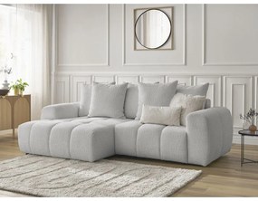Világosszürke buklé kinyitható-tárolóhelyes sarokkanapé (bal oldali-heverő résszel) Roxelane – Bobochic Paris