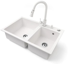 Gránit mosogatótálca NERO Palazzo + kihúzható zuhanyfejes Snake csaptelep + adagoló + dugókiemelő (fehér)