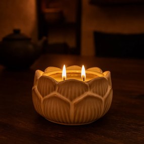 Gyertya porcelán virágos csészében 12 x 7,8 cm, bézs