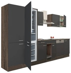 Yorki 340 konyhablokk yorki tölgy korpusz,selyemfényű antracit fronttal polcos szekrénnyel és alulfagyasztós hűtős szekrénnyel