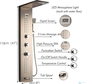 Zuhanypanel EYN TP1912L termosztáttal és masszázsfúvókákkal, falon kívüli kivitelben, többféle felülettel — Sarok