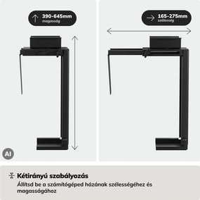 Számítógép tartó az íróasztal alá, állítható, fém, fekete: PC HOLDER