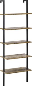 HOMCOM 5 Polcos Iparági Stílusú Fali Könyvespolc, Fali Fa és Fém Könyvszekrény, 60x30x184.5cm, Barna | Aosom