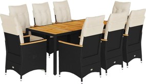 vidaXL 9 részes fekete polyrattan kerti étkezőgarnitúra párnákkal
