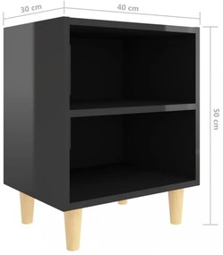 magasfényű fekete éjjeliszekrény tömör fa lábakkal 40x30x50cm