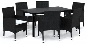 7 részes fekete polyrattan kerti étkezőgarnitúra párnákkal