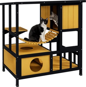 PawHut Fa Macska Ház Kültéri Macska Barlang Macska Villa, Fa Ház Macskáknak Függő Híddal, Erkély, Platform, Vízálló Tető, 1-2 Macskához 5 kg-ig, Sárga