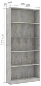 5-szintes betonszürke szerelt fa könyvszekrény 80 x 24 x 175 cm