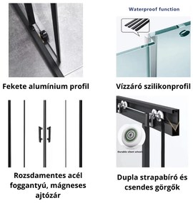 Stuxi Delhi Black 90x90 cm íves két tolóajtós zuhanykabin 6 mm vízlepergető biztonsági üveggel, fekete elemekkel, 190 cm magas