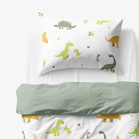 Goldea gyermek pamut ágyneműhuzat duo - dinoszauruszos kalandok, zsálya színű hátoldal 150 x 200 és 50 x 60 cm