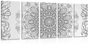 5-részes kép virágos Mandala fekete fehérben
