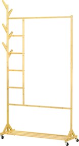 HOMCOM Bambusz Álló Ruhafogó Kerekekkel Kabáttartó 6 Kampóval, Akasztósrúddal és Polccal Előszobába, Hálószobába 100x37x191 cm Természetes | Aosom