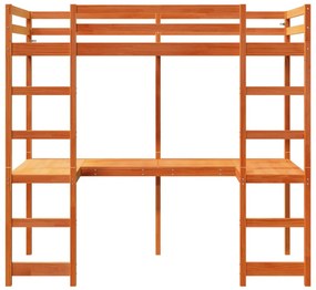 viaszbarna tömör fenyőfa galéria ágykeret íróasztallal 90x200cm
