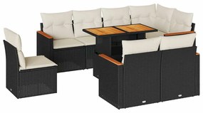 9 részes fekete polyrattan akácfa kerti ülőgarnitúra párnákkal