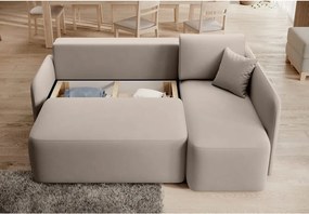 Bézs bársony kinyitható-tárolóhelyes sarokkanapé (jobb oldali-heverő résszel) Hadson – ELTAP